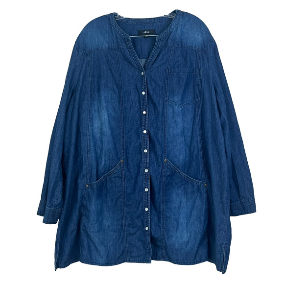 Ellos Tunic Top Shirt Womens 1X 22/24 Blue Chambray Pearl Snap Button Pockets - Picture 1 of 9